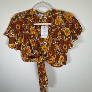 Her Pony Floral Retro Print Tie Front Crop Top